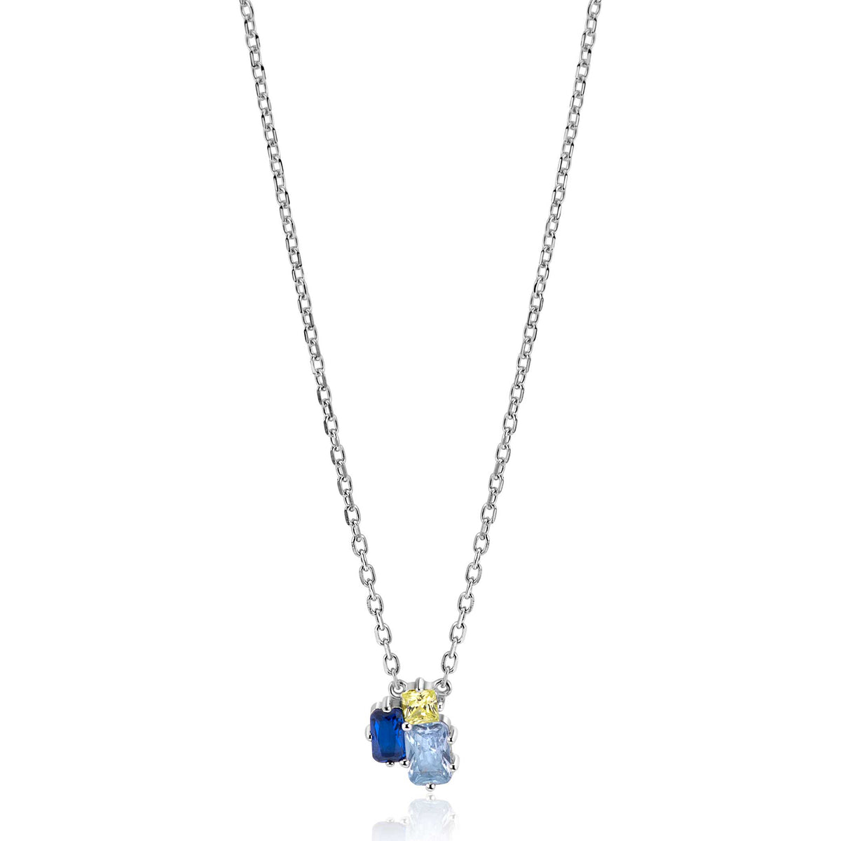 Collana in argento con pendenti blu e giallo.