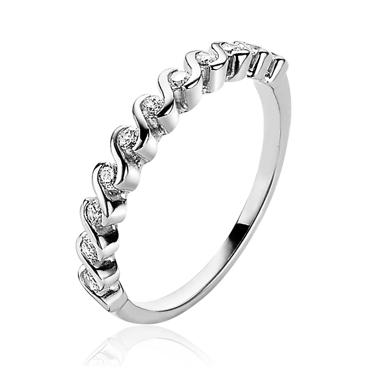 Anello in argento con dettagli ondulati e zirconi.