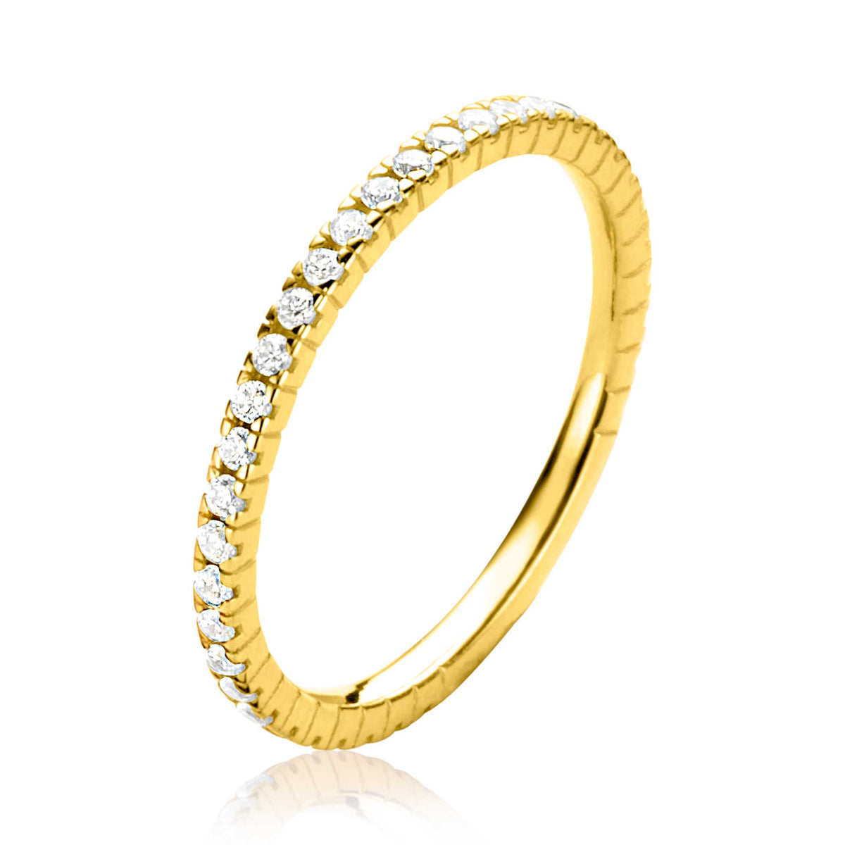 Anello dorato con zirconi, finitura rigata e design sottile.