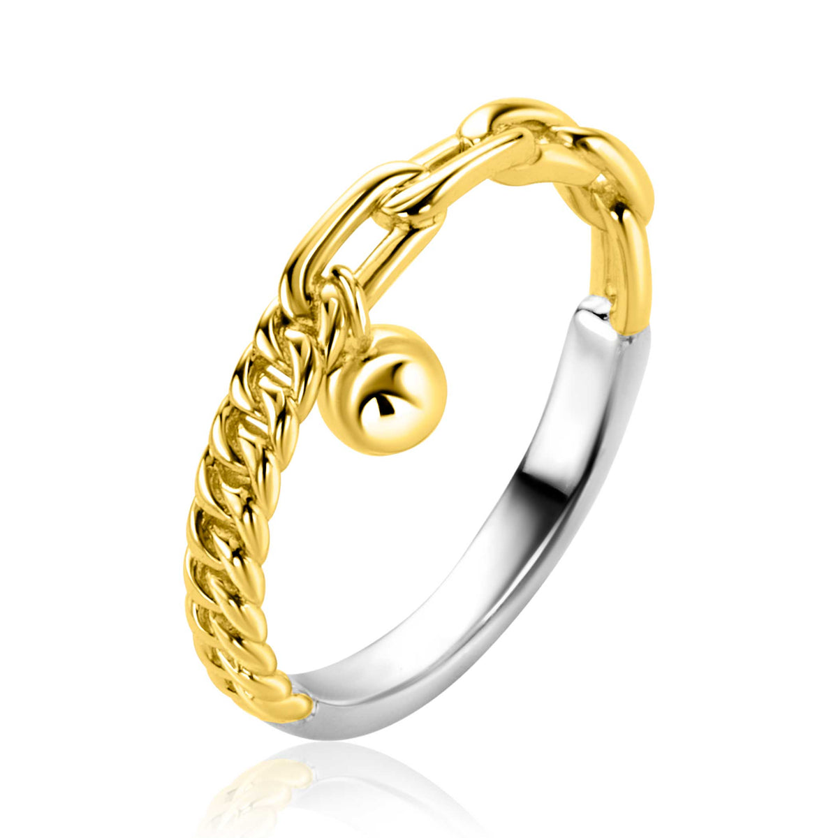Anello placcato oro con maglia rolò e dettaglio sferico.