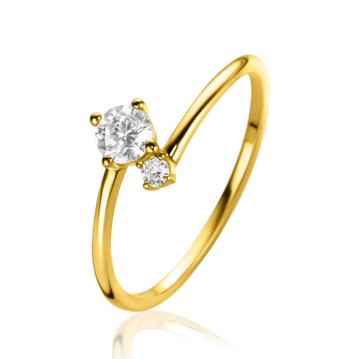 Anello in oro con due diamanti, uno grande e uno piccolo, design minimalista.
