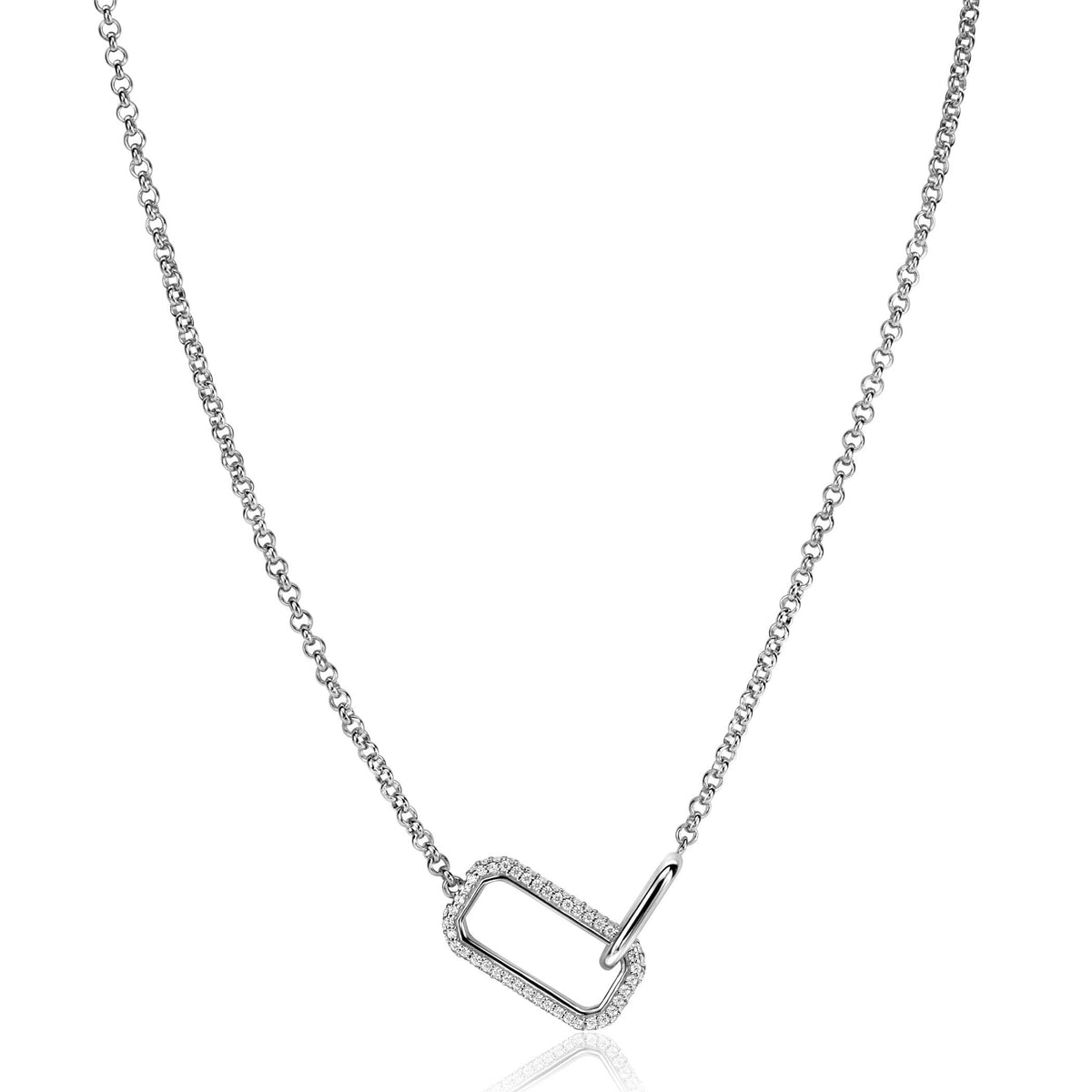 Collana in argento con pendente rettangolare decorato con zirconi.