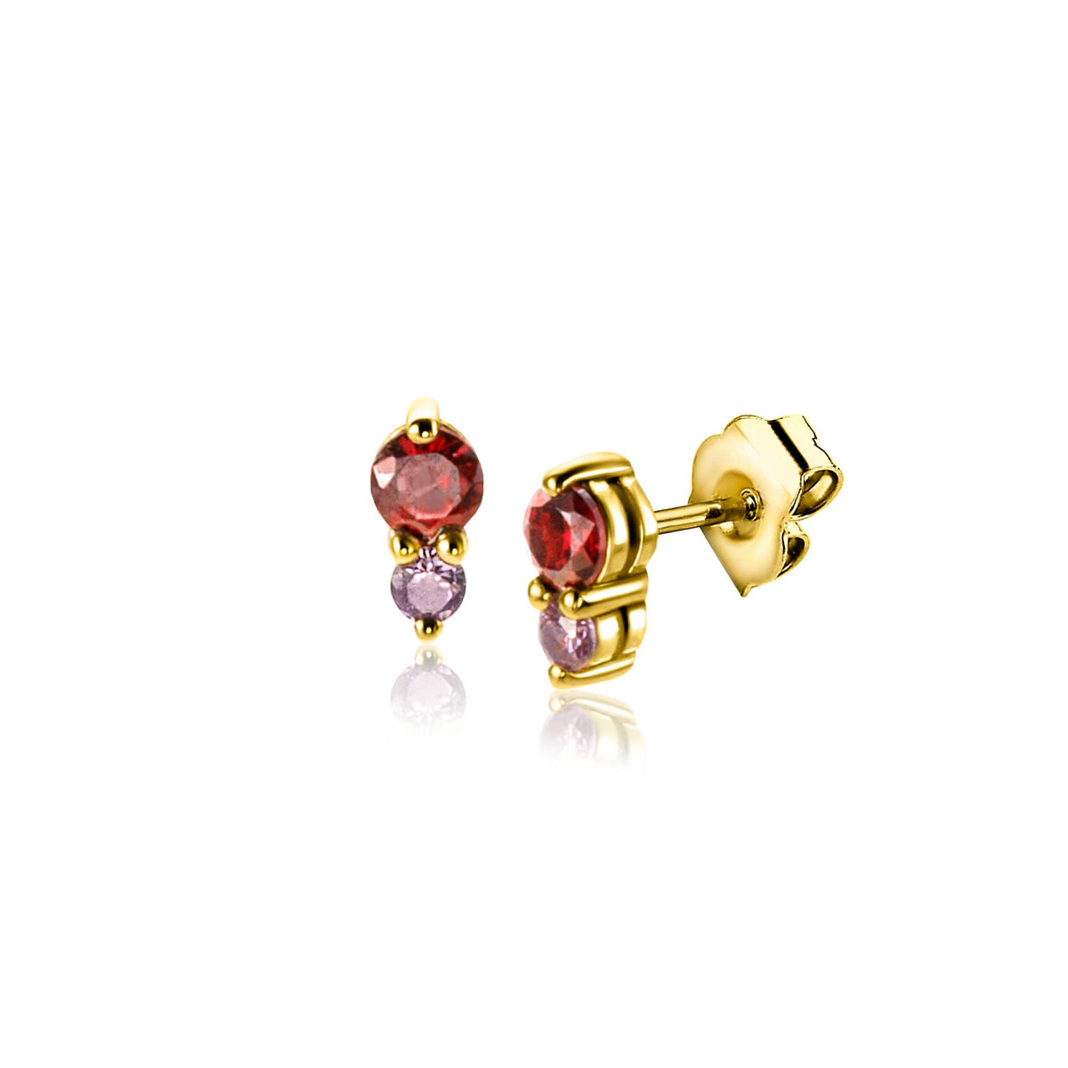 Orecchini in oro con pietre colorate, una rossa e una viola, design a doppio cerchio.