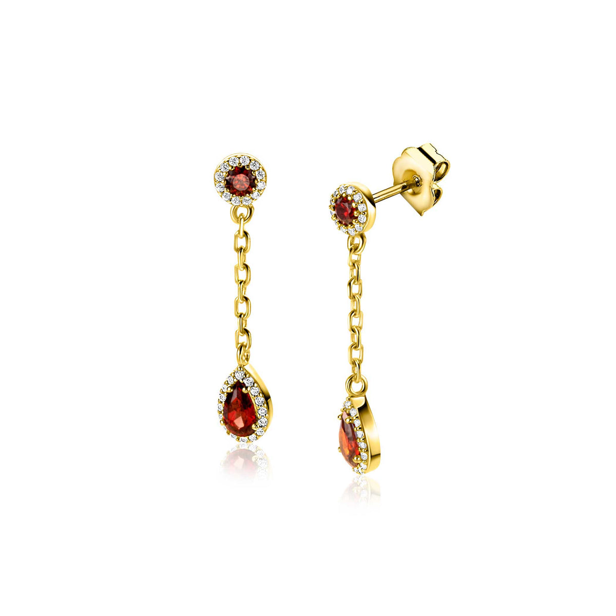 Orecchini pendenti placcati oro con pietre rosse e dettagli brillanti.