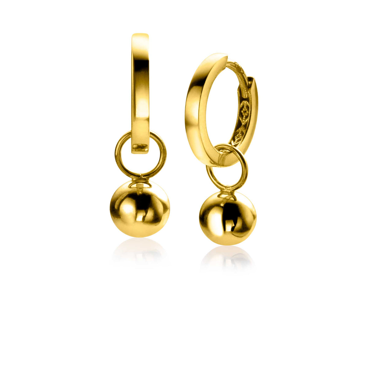 Orecchini alla creola in oro con pendente sferico lucido.