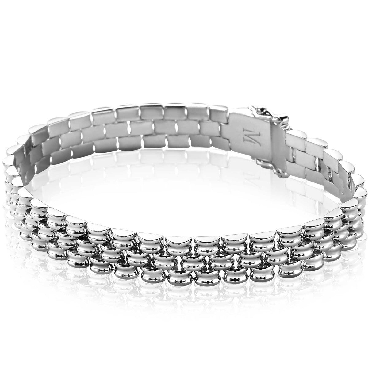 Bracciale in argento con maglie rotonde e dettagli lucidi, design a tre file.