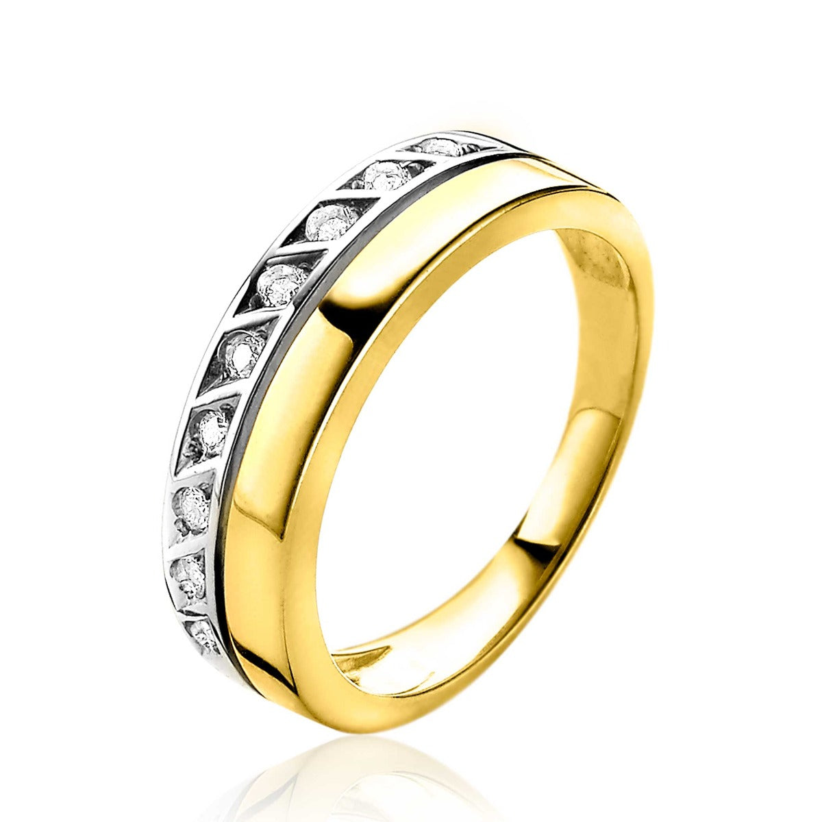 Anello in oro con dettagli argentati e pietre brillanti incastonate.
