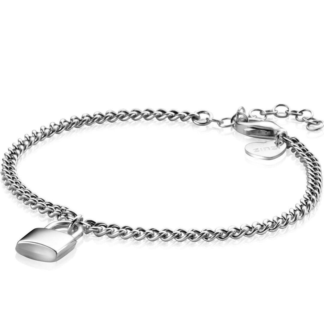 De Zinzi Armband Zilver Zia2354 van Zinzi heeft een gepolijste zilveren afwerking, een stijlvol slotje dat lijkt op een rechthoekig hangslotje, een verstelbare ketting met een rond label en een veilige sluiting.
