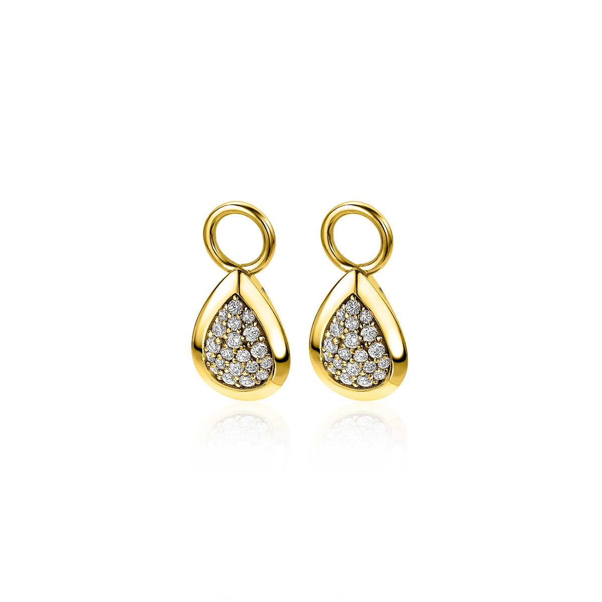 Orecchini pendenti in oro con forma a goccia e dettagli in zirconia.