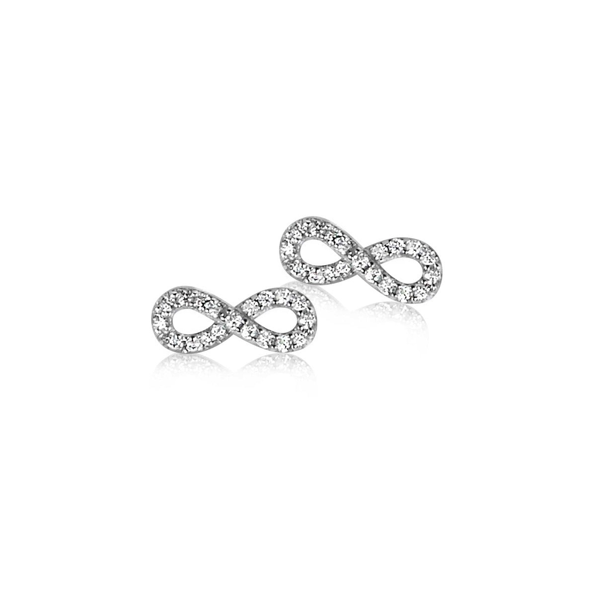 Orecchini in argento con forma di infinito, decorati con pietre scintillanti.