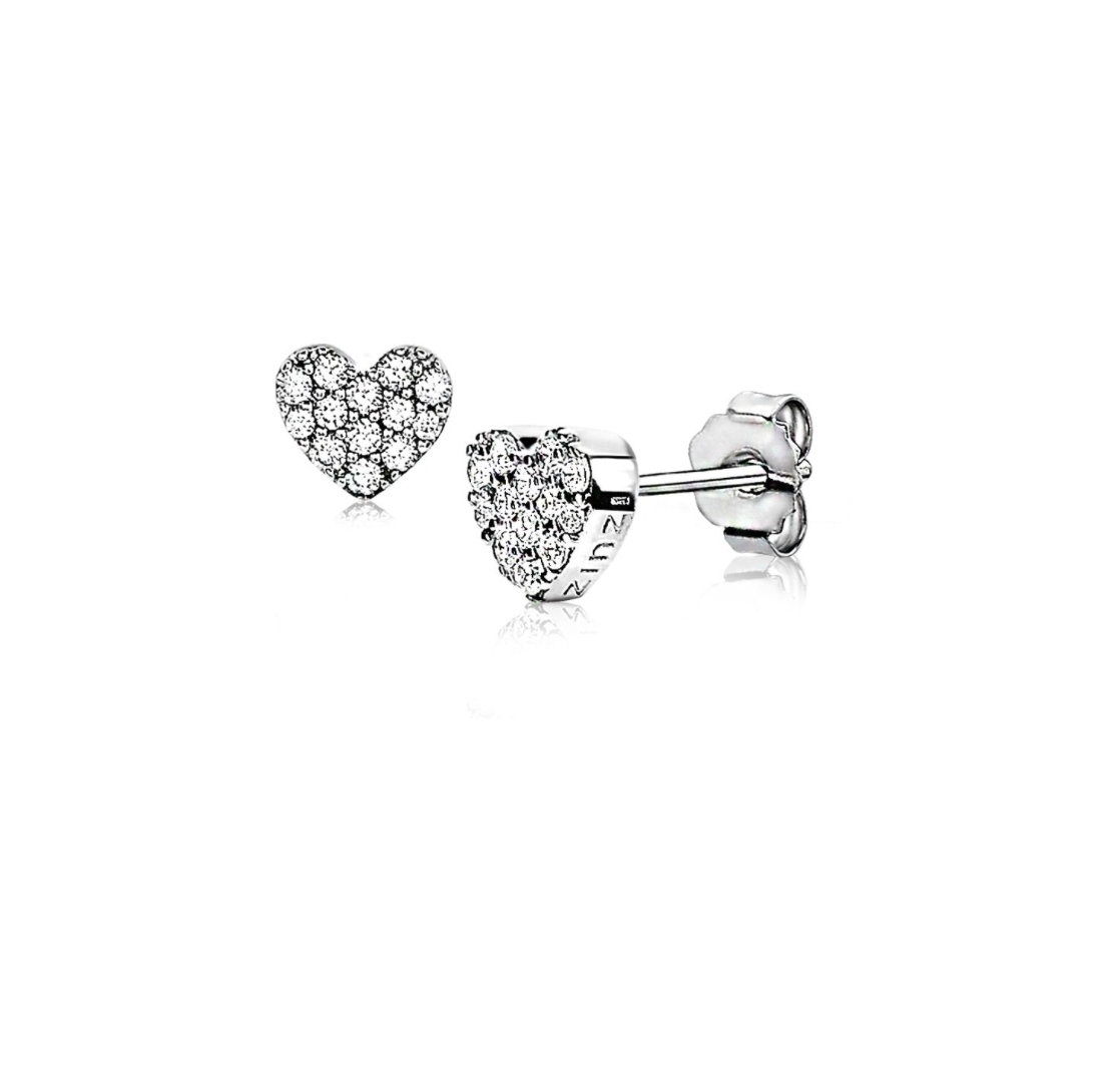 Orecchini a forma di cuore in argento con zirconi bianchi.