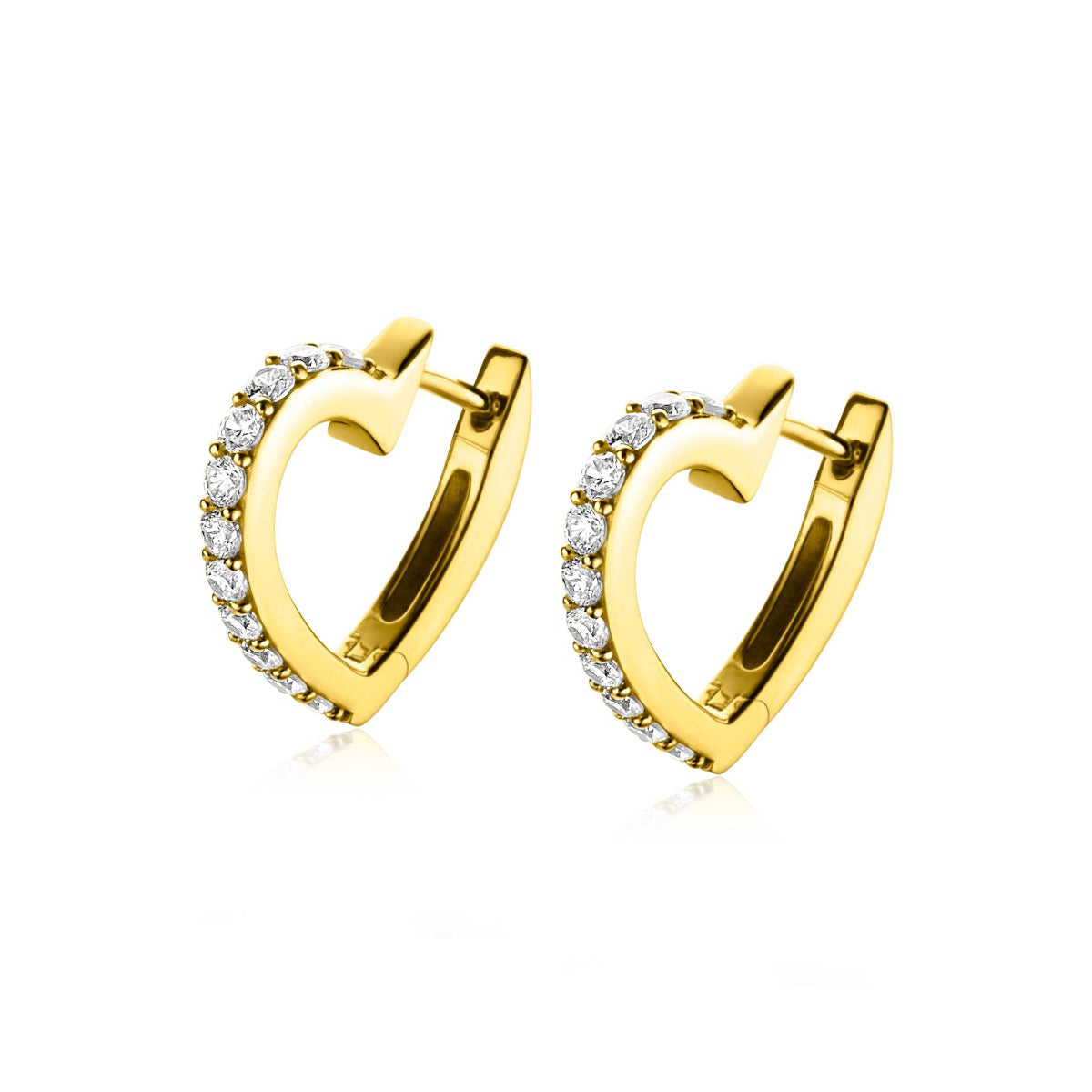 Orecchini a forma di cuore in oro placcato con zirconi trasparenti.