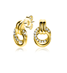 Orecchini in oro con dettagli in zirconia, forma a cerchio con anelli intrecciati.