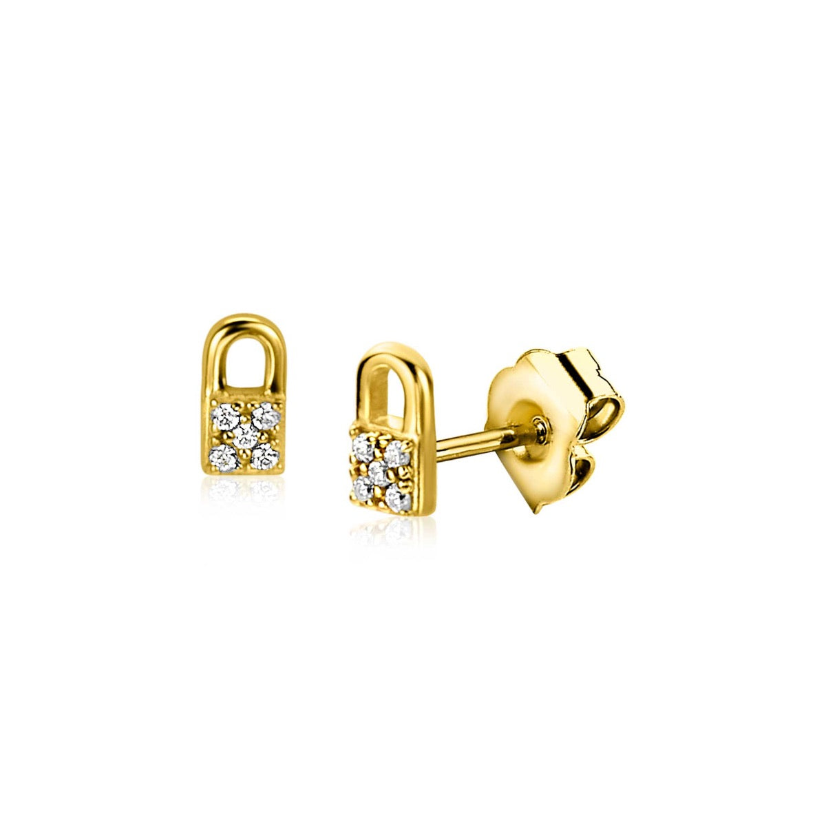 Orecchini in oro con forma di lucchetto e pietre brillanti.