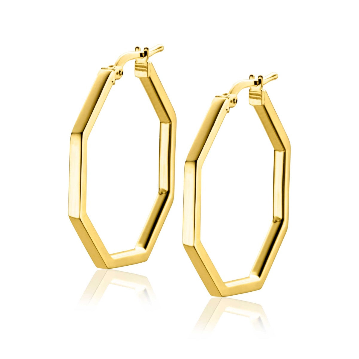 Orecchini alla creola placcati oro con forma esagonale e finitura lucida.
