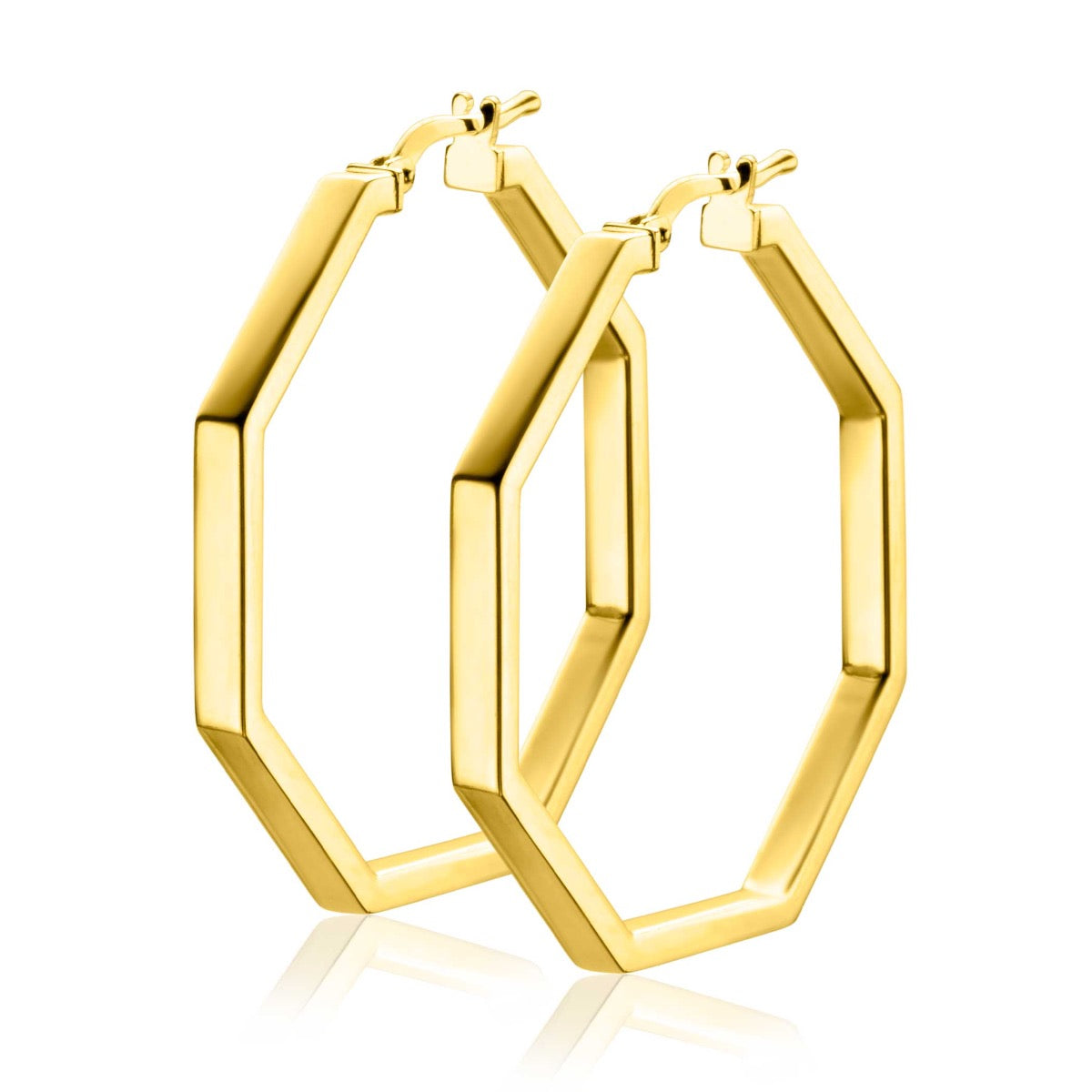 Orecchini alla creola placcati oro con forma esagonale.