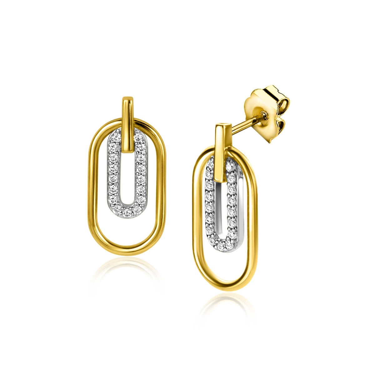 Orecchini in metallo dorato con pendente a forma di ovale e dettagli in zirconia.