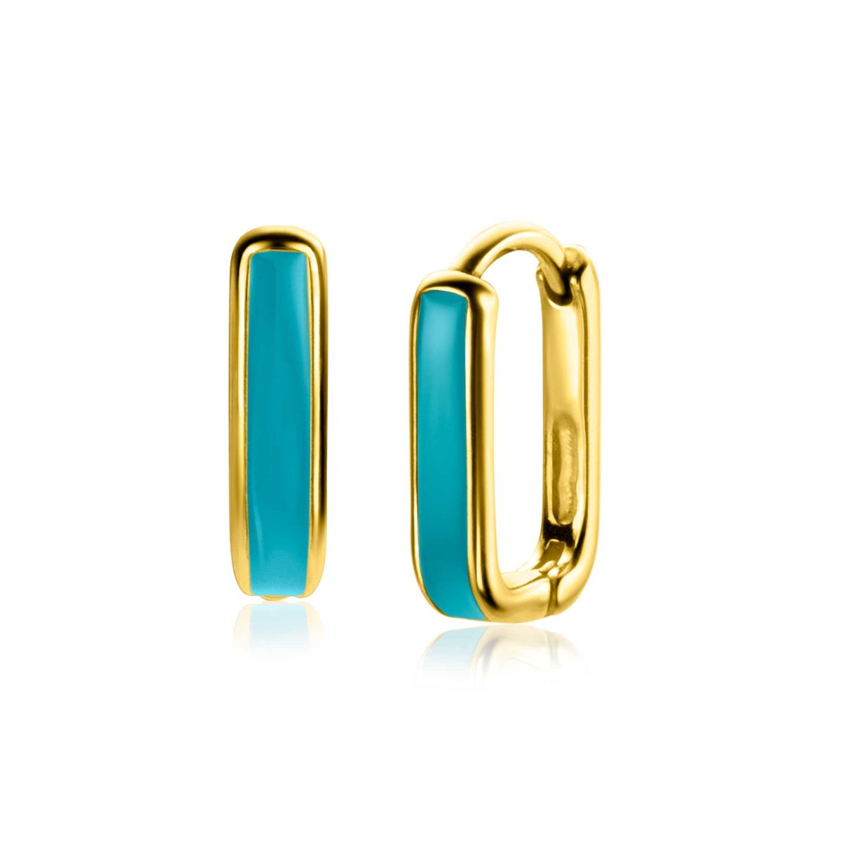 Orecchini placcati in oro con inserti blu turchese e forma rettangolare.