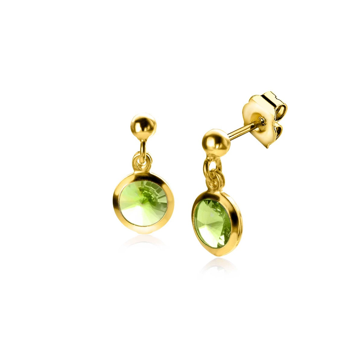 Orecchini in oro con pendente rotondo e pietra verde.