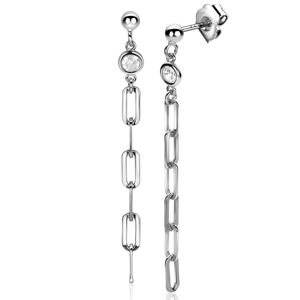 Orecchini in argento con catena e pendente di cristallo.