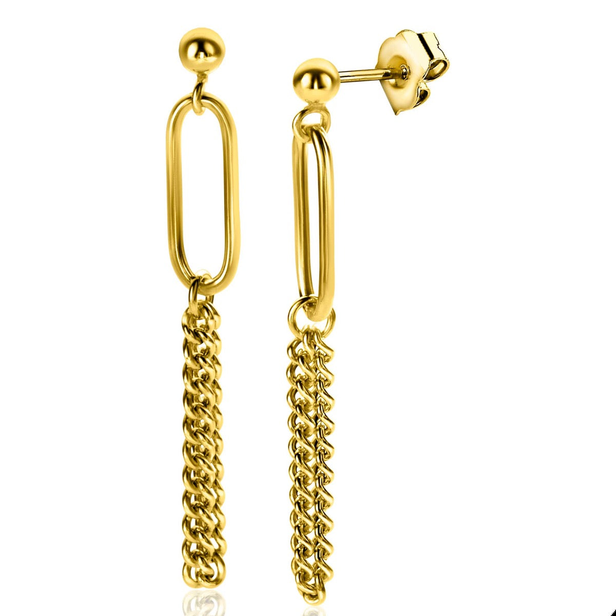 Orecchini in metallo dorato con pendente a catena e forma ovale.