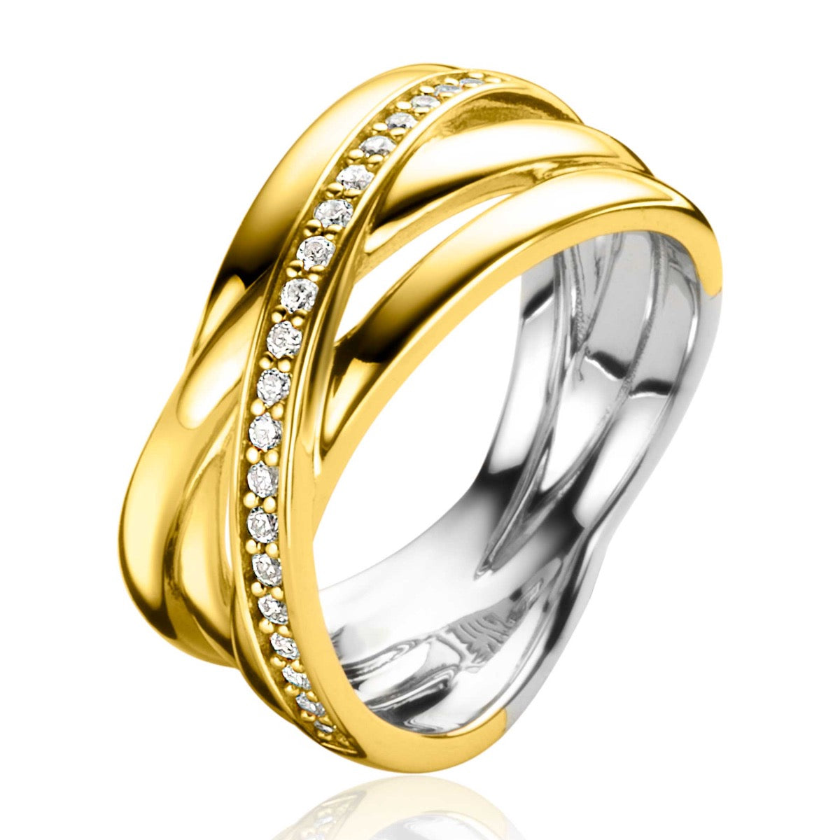 Anello placcato oro con dettagli in zirconia e design intrecciato.