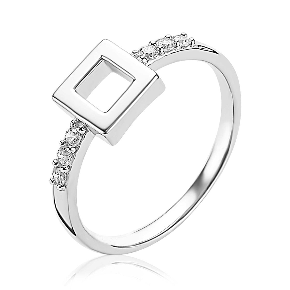 Anello in argento con dettaglio quadrato e zirconi.