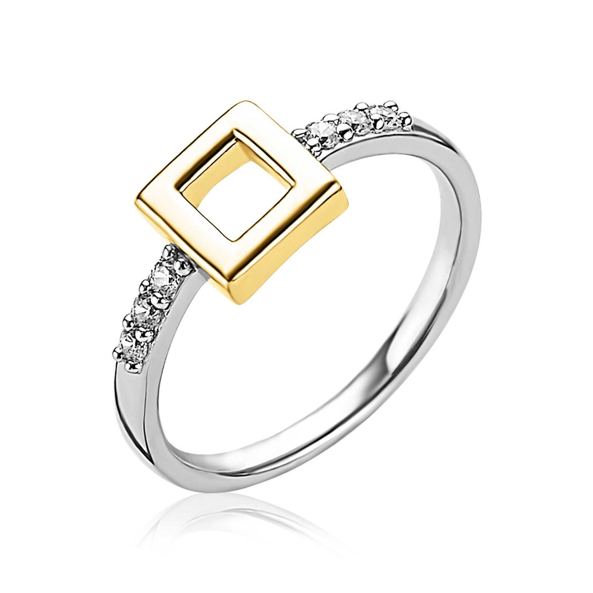 anello placcato oro con dettaglio quadrato e pietre brillanti.