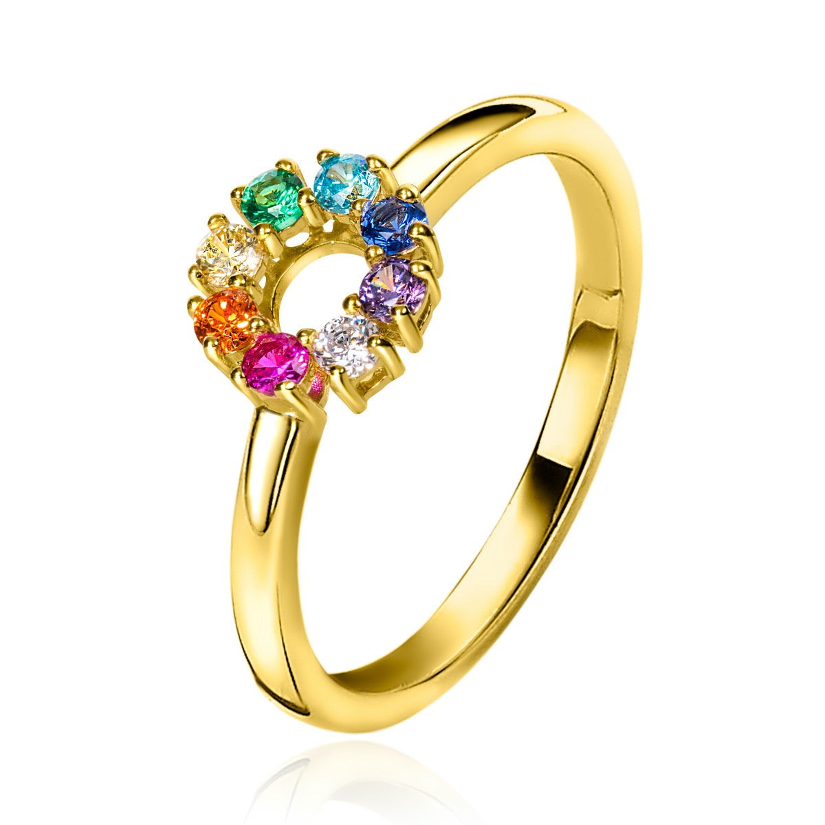 Anello placcato oro con pietre colorate a forma di cerchio.