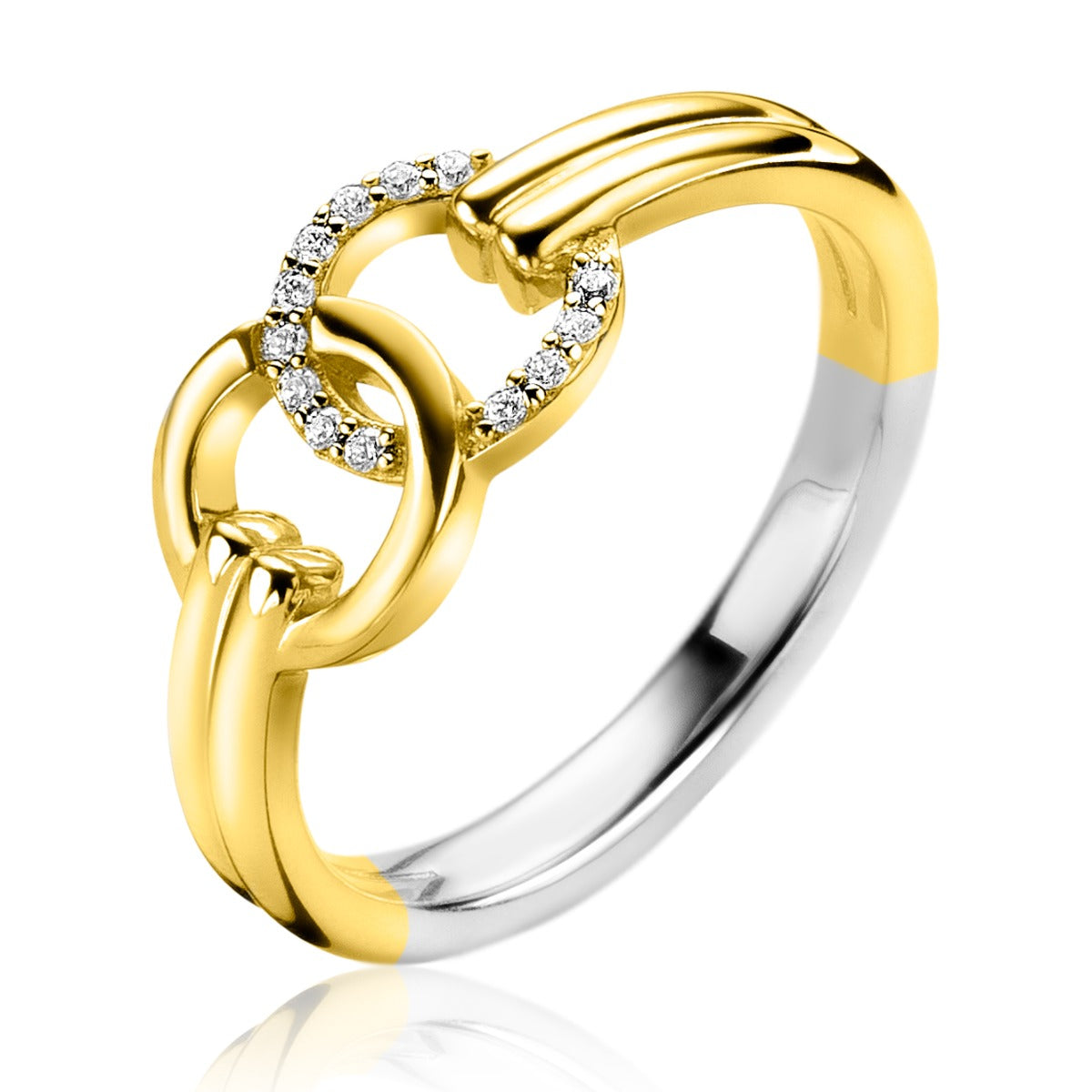 Anello placcato oro con dettagli in argento e zirconi.