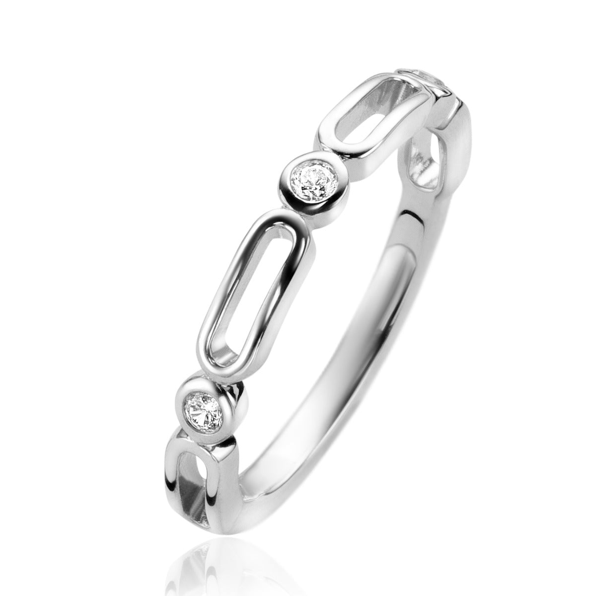 Anello in argento con dettagli ovali e due zirconi.