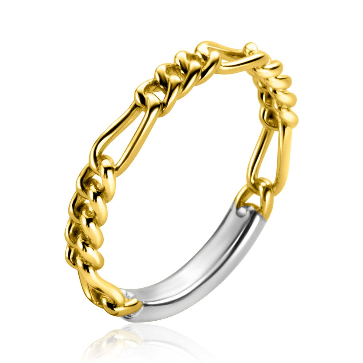 Anello placcato oro con dettagli in argento e design intrecciato.