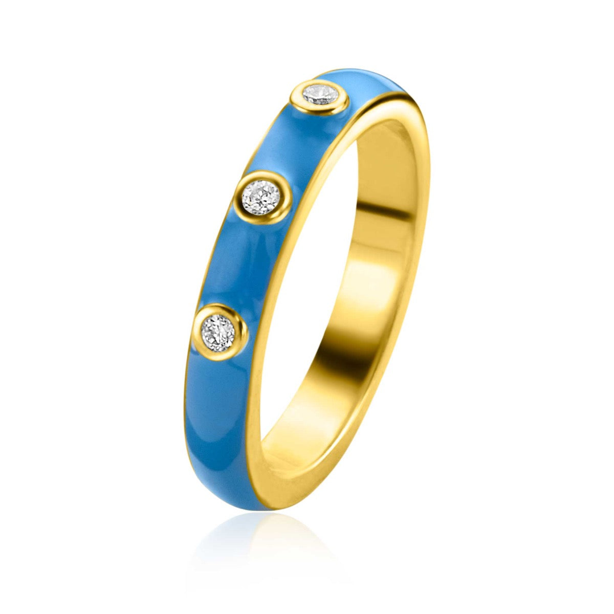 anello placcato oro con smalto blu e tre zirconi trasparenti