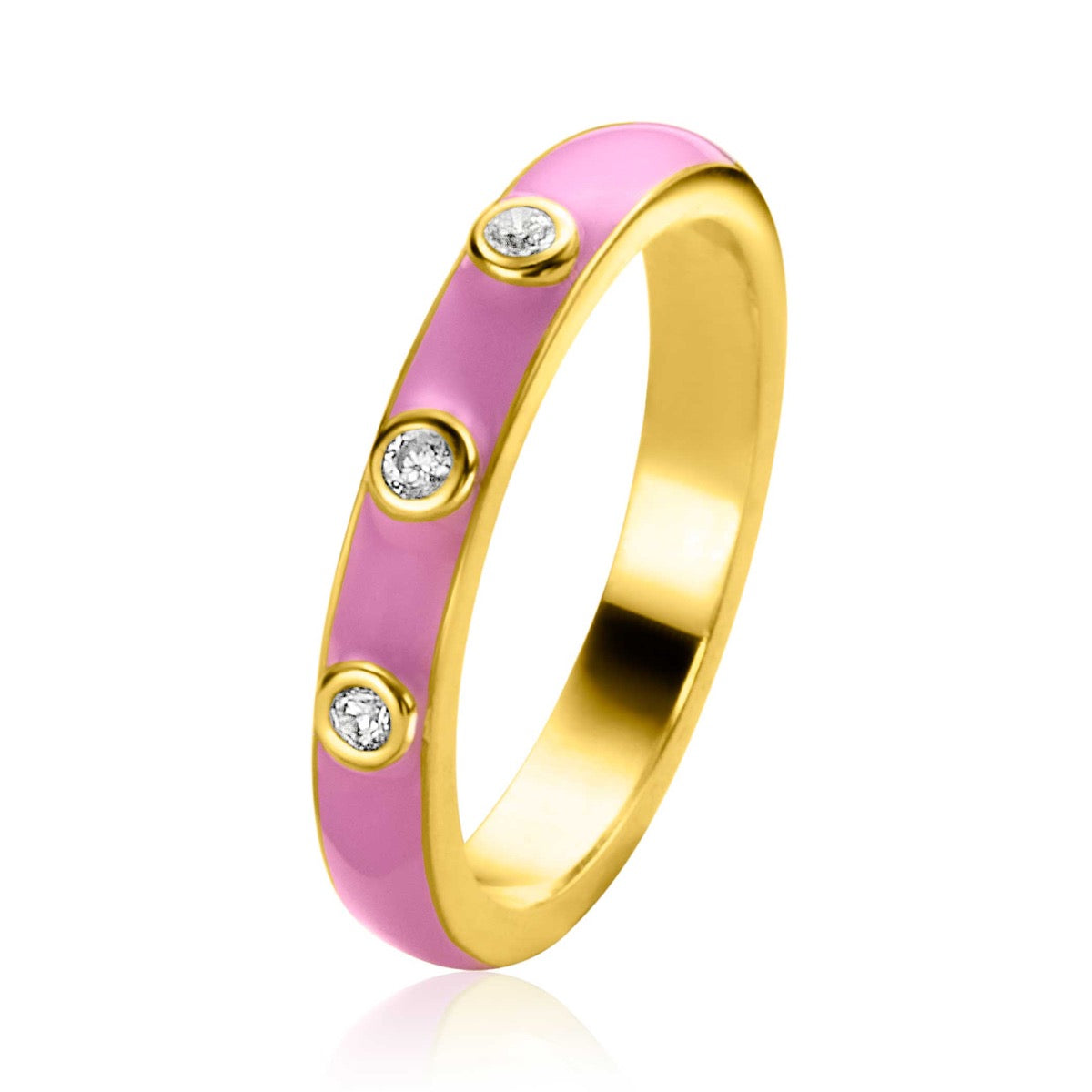 Anello placcato oro con smalto rosa e tre zirconi.