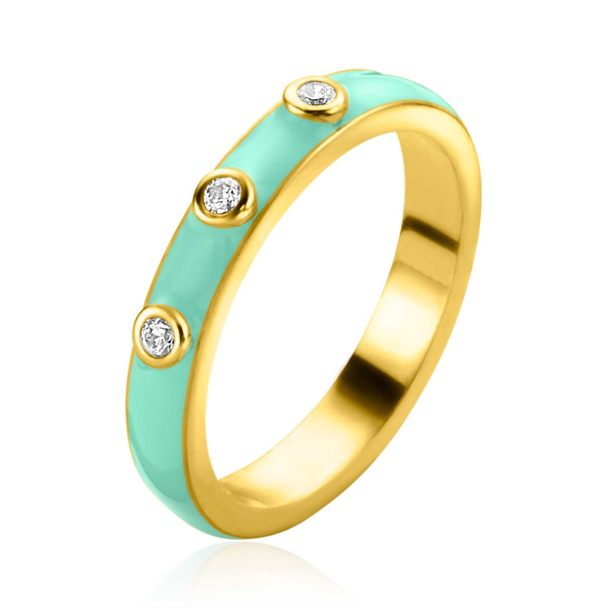 anello dorato con smalto turchese e tre zirconi incastonati