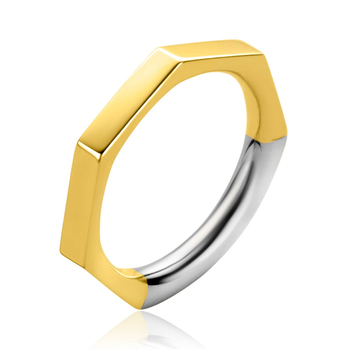 Anello placcato oro con finitura argentata, forma esagonale.