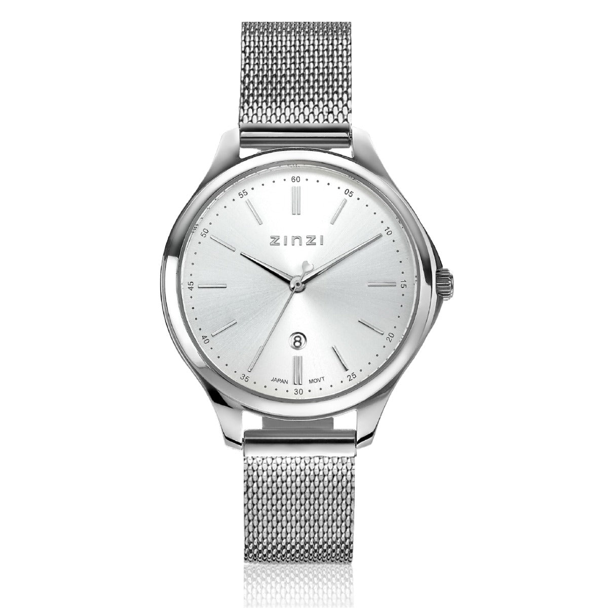 Orologio in acciaio argentato con quadrante argentato e cinturino a maglia rolò.