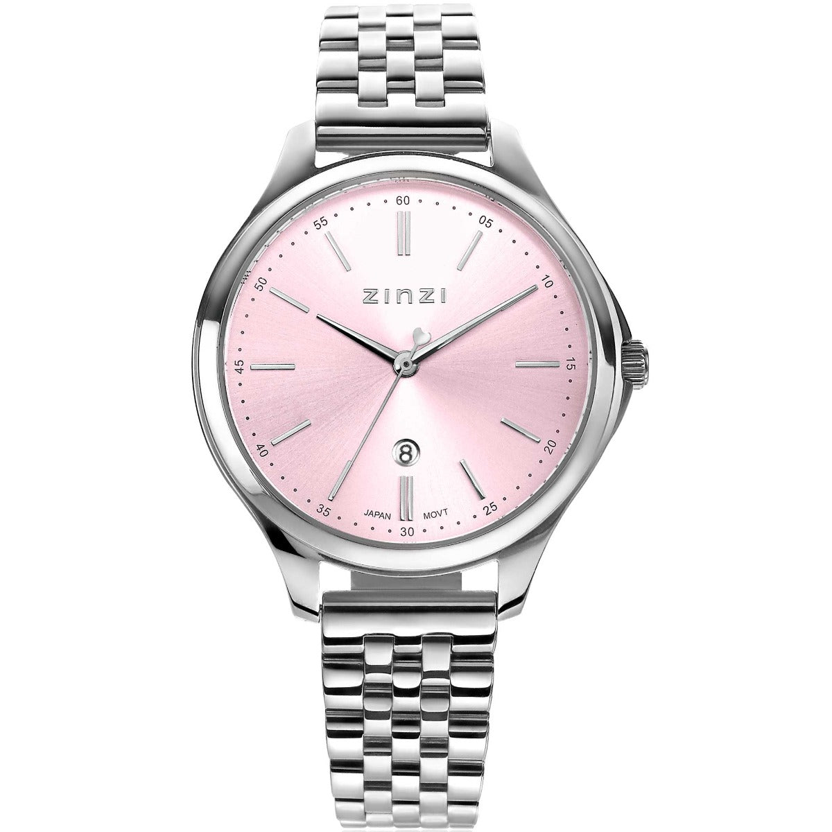 Orologio in acciaio color argento con quadrante rosa e bracciale a maglia rolò.