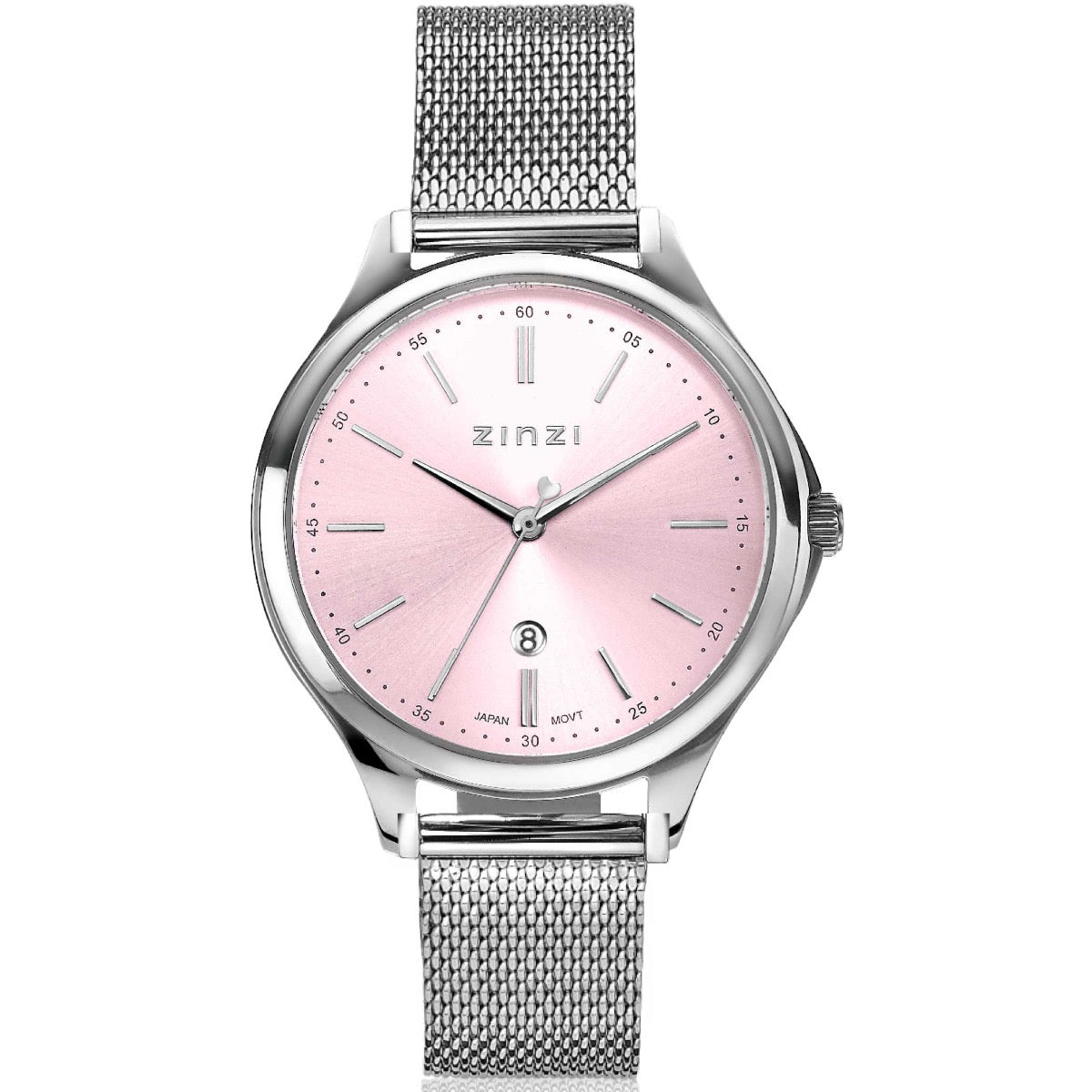 Orologio in acciaio argentato con quadrante rosa e cinturino a maglia rolò.