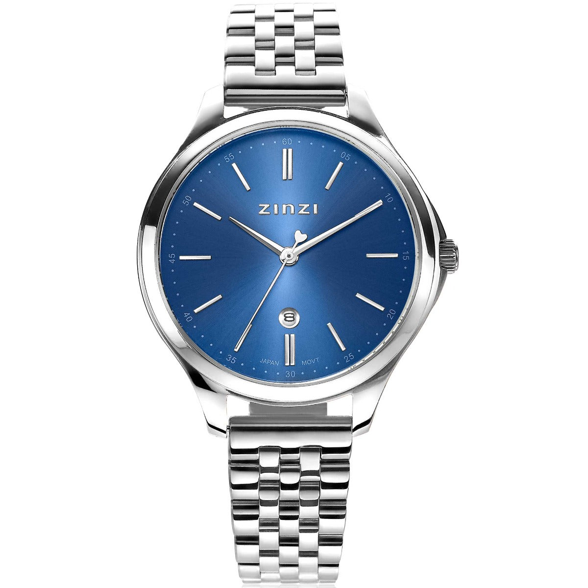 Orologio in acciaio color argento con quadrante blu e bracciale a maglia rolò.