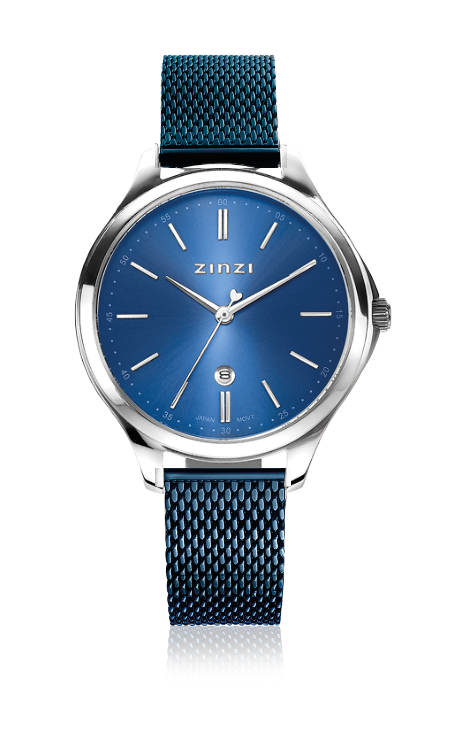 Orologio in acciaio color argento con quadrante blu e cinturino in maglia rolò.