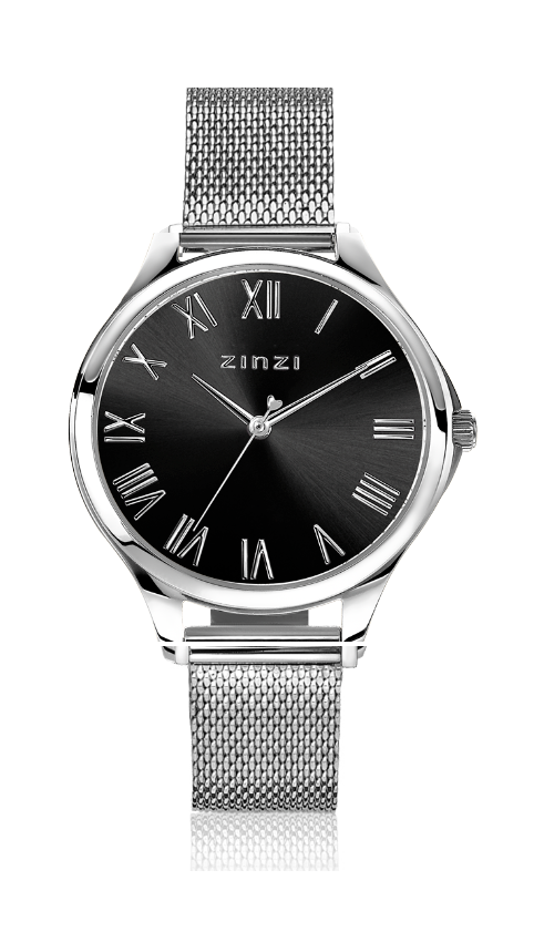 Orologio in acciaio argentato con quadrante nero e numeri romani, cinturino a maglia rolò.