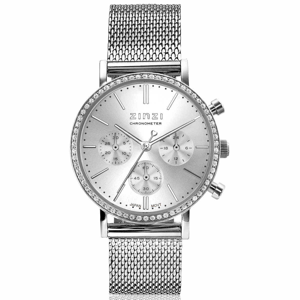 Orologio in acciaio color argento con quadrante brillante e cristalli, cinturino a maglia rolò.