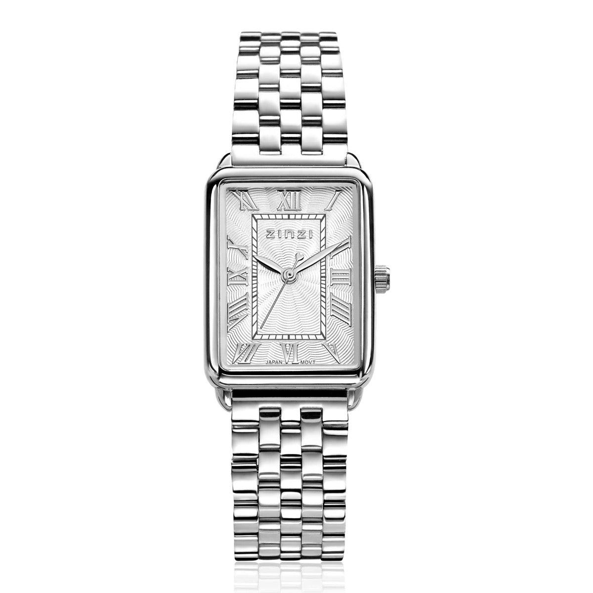 Orologio in acciaio color argento con quadrante rettangolare e bracciale a maglia rolò.
