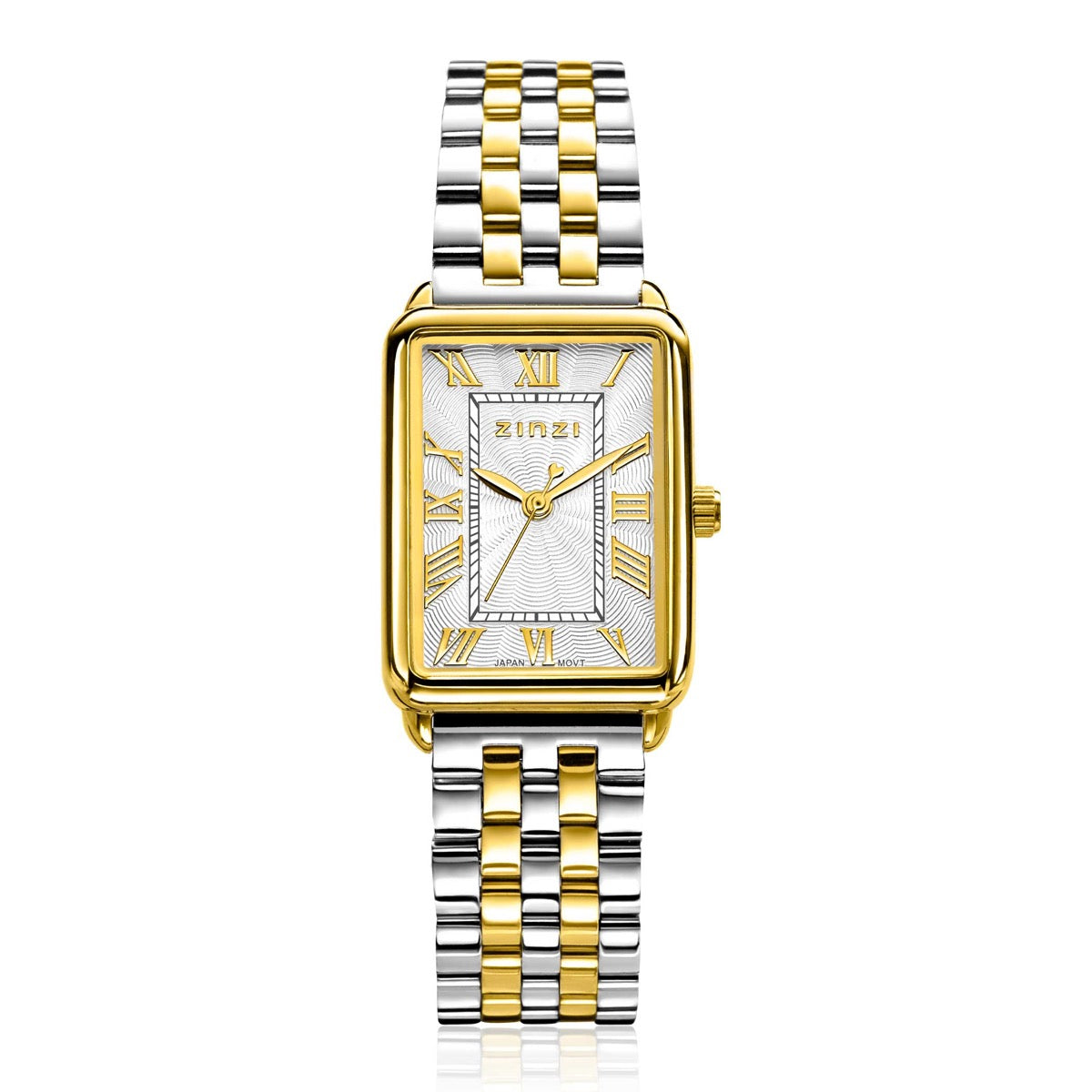 Orologio rettangolare in acciaio con finitura color oro giallo e quadrante bianco.