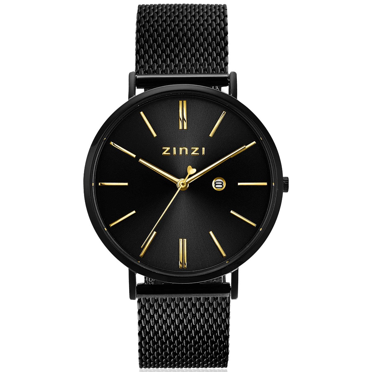 Orologio Zinzi con cassa nera in acciaio, quadrante nero e dettagli dorati, cinturino a maglia rolò.