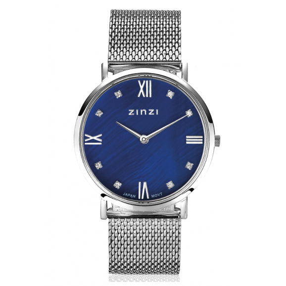 Orologio in acciaio argentato con quadrante blu e dettagli in cristallo.