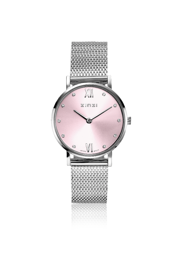 Orologio in acciaio argentato con quadrante rosa e cristalli, cinturino in maglia rolò.