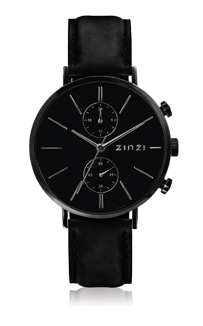 Orologio nero in acciaio con quadrante nero e cinturino in pelle, dotato di cronografo.